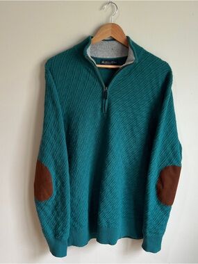 Brooks Brothers Mens L Cashmere Wool Quarter 1/4 Zip Sweater Elbow Patches
